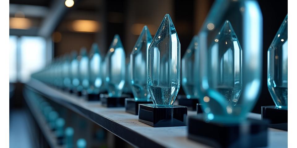 Glass trophy array on a professional award display shelf