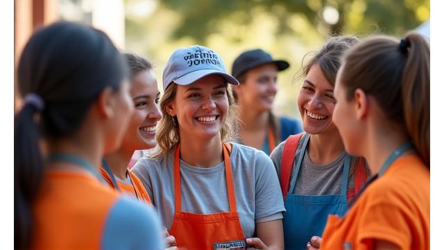 Group of diverse people at a charity fundraising event, smiling and interacting