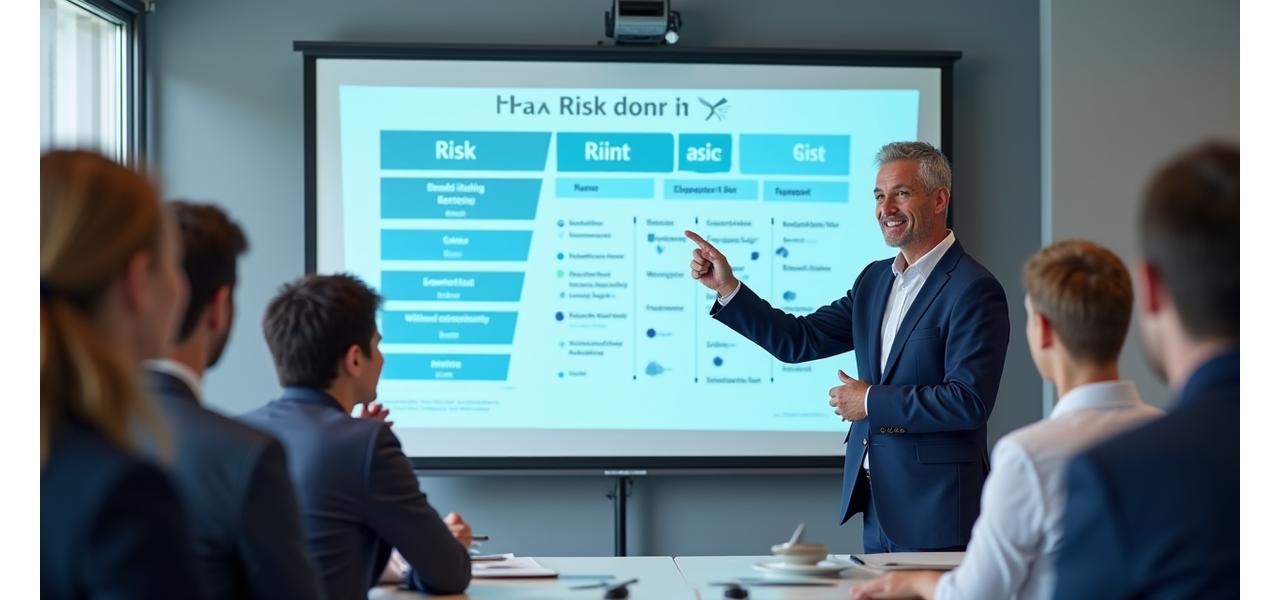 Insurance expert presenting risk management seminar to small business owners