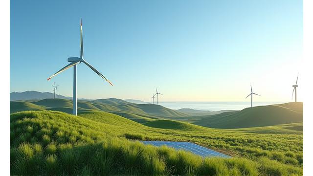 Green landscape with wind turbines and solar panels