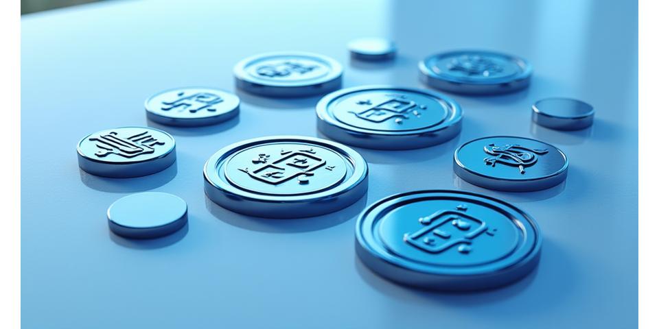 Close up of various regulatory compliance symbols and official badges
