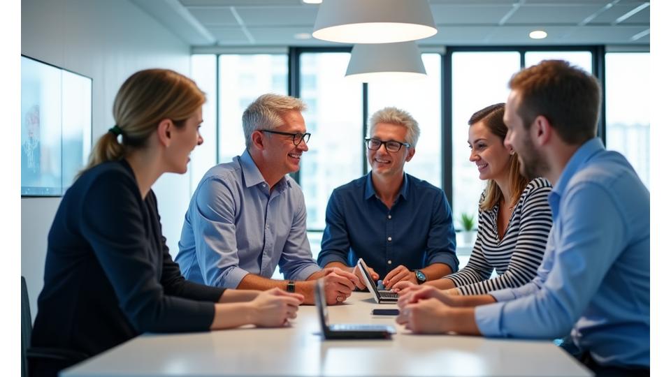 Diverse team collaborating in a modern, light-filled office