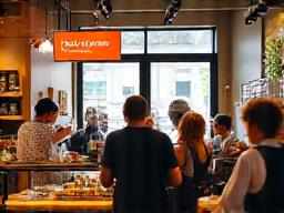 Busy cafe with staff serving customers