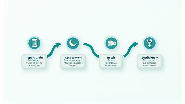 Illustration of a simplified claims process flow: Report Online/App -> Assessment -> Repair -> Settlement. Each step is clearly delineated with icons like a phone, magnifying glass, wrench, and handshake, set against a background of a calm Australian road.