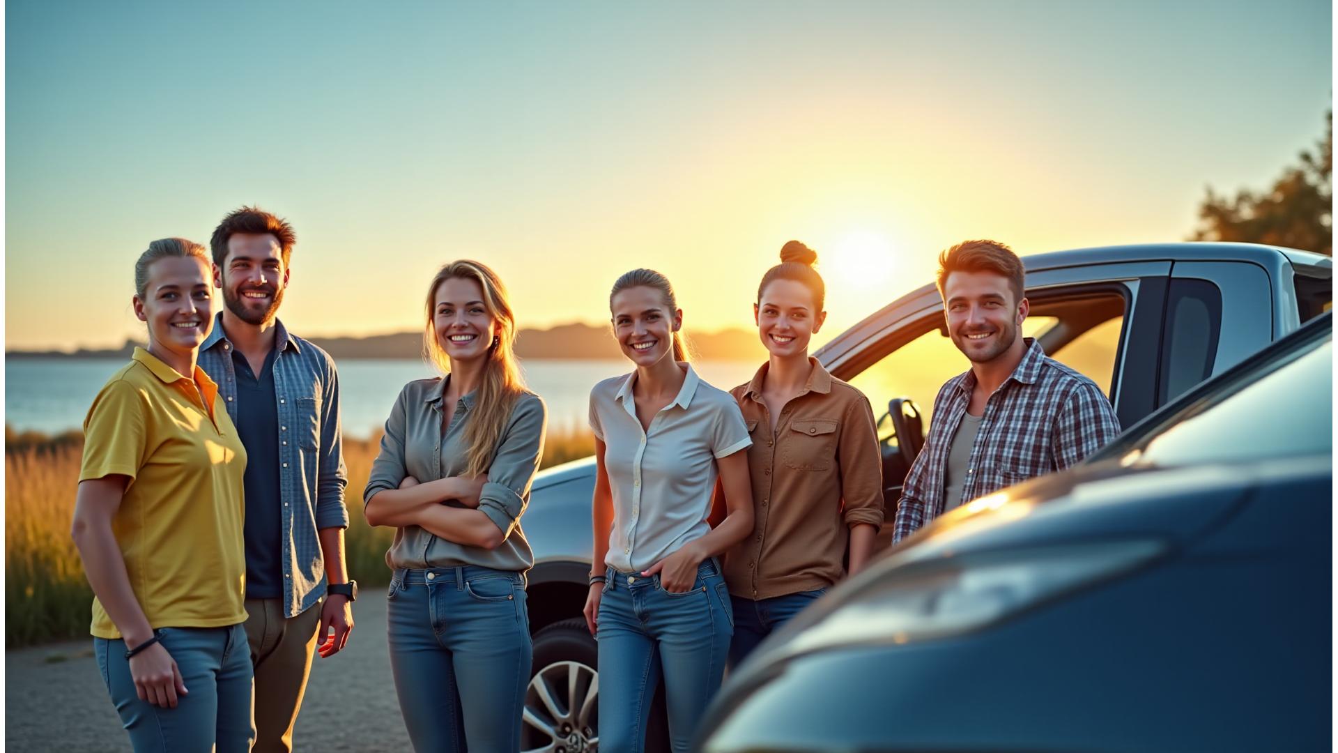 Diverse Australian drivers smiling next to their cars, showcasing confidence and protection on the road, with modern cars and vibrant Australian landscapes in the background. The scene is bright and optimistic, conveying trust and reliability.