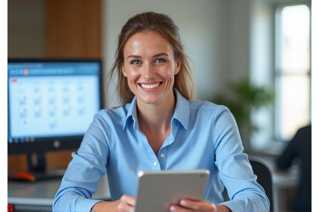 Friendly Australian insurance advisor in a modern office setting, smiling and ready to help, embodying trust and professionalism