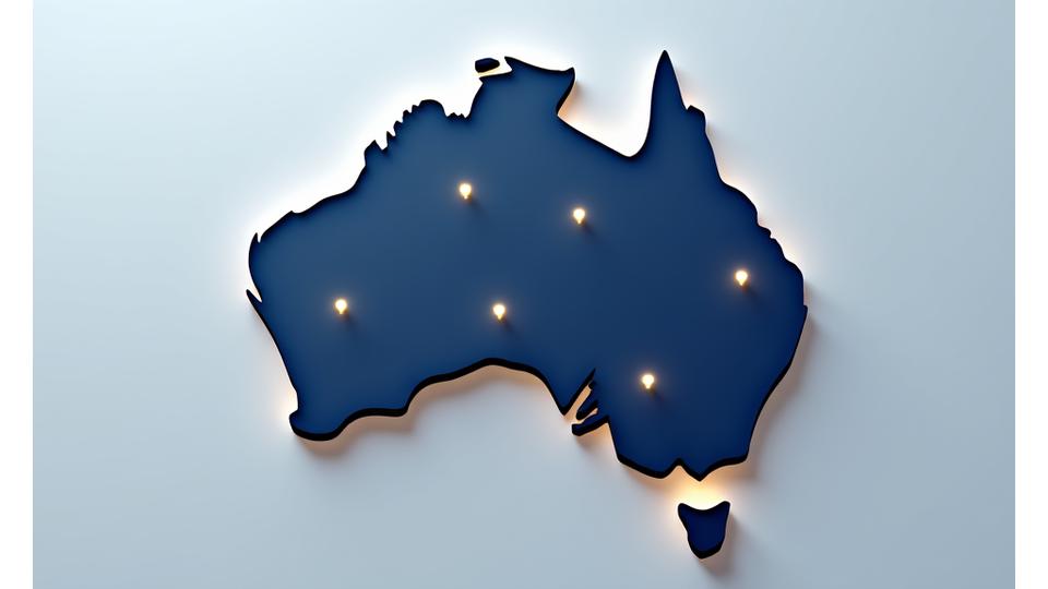 Abstract map of Australia with glowing dots indicating SecureShield Insurance office locations in major cities (Sydney, Melbourne, Brisbane, Perth)