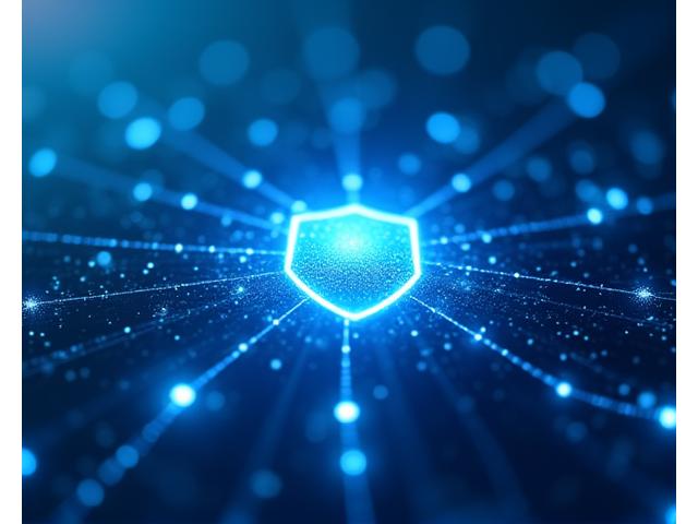Secure business network with data flowing around a central protected server, illustrating robust business cyber security.