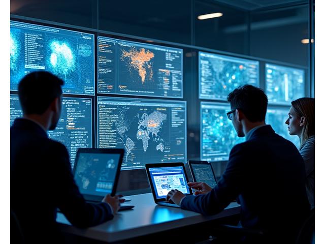 Collaborating team of cyber security experts working intensely on multiple screens, showing urgent incident response.