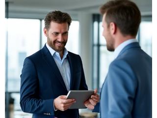 Professional consultant leading a virtual meeting on a tablet, focused and engaged