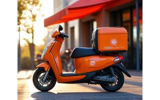 Food delivery scooter parked in front of a vibrant Australian cafe, ready for business
