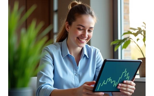 Freelancer looking confidently at a financial graph on a tablet, representing stable income or financial security