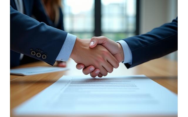 Two professionals shaking hands over a contract, signifying trust and secured agreements