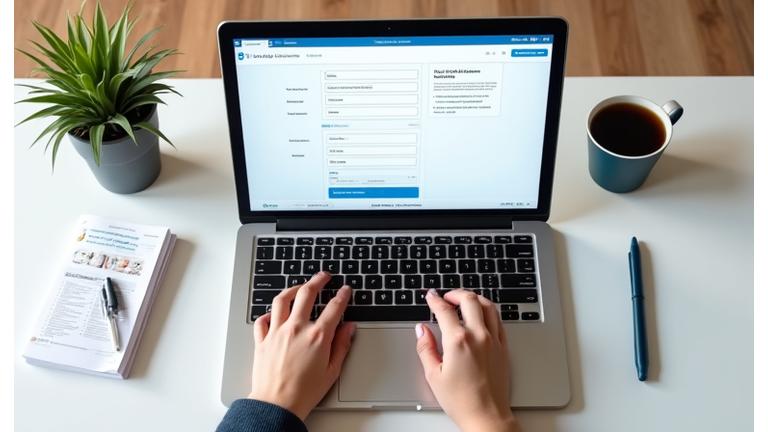 Person using a laptop to fill out an online form with a pen and coffee nearby, symbolizing an easy application.