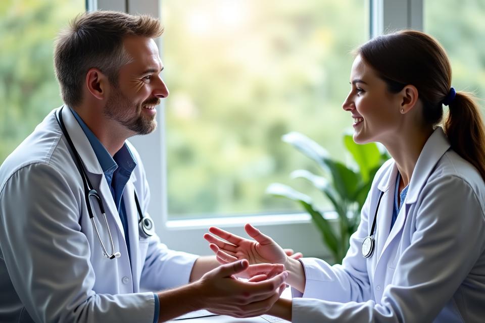 Supportive doctor talking to a calm patient in a modern clinic. Focus on empathy and medical care.