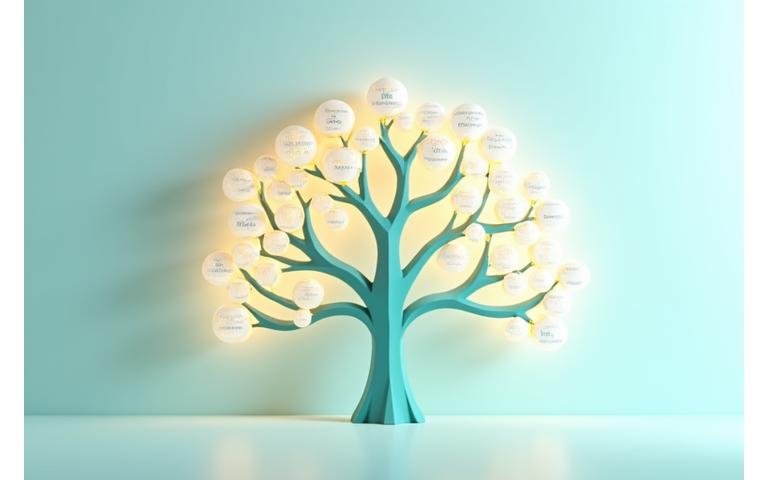 Stylized family tree diagram with interconnected nodes representing different family members and their insurance coverages.