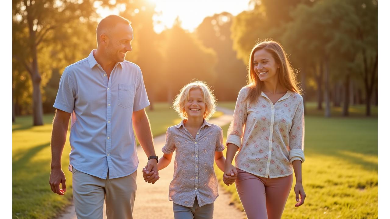 Happy Australian family walking together in a park, parents smiling, children playing. Represents security and protection.
