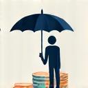 Icon representing income protection insurance with a person holding an umbrella over money