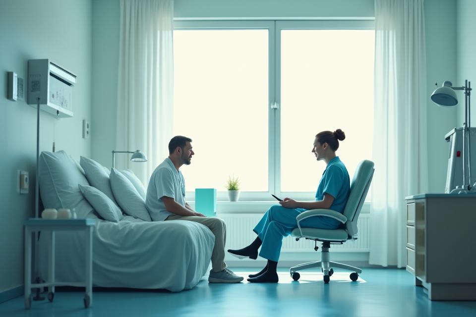 Modern hospital room interior with a caring nurse and patient, highlighting private health care.