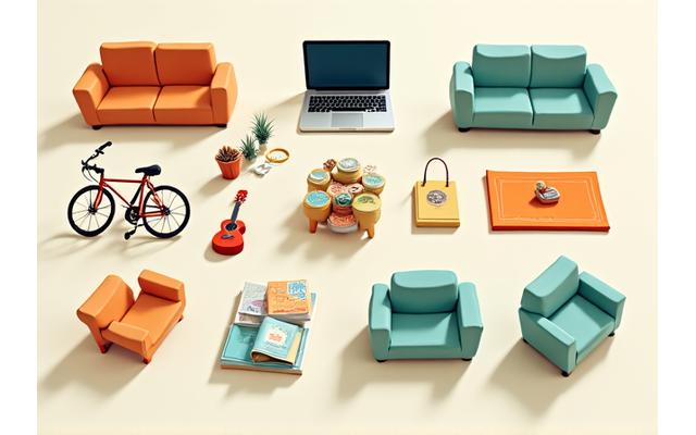 Illustration of various household items, electronics, and personal belongings