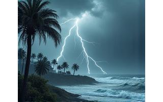 Strong cyclone hitting an Australian coastal town with palm trees bending