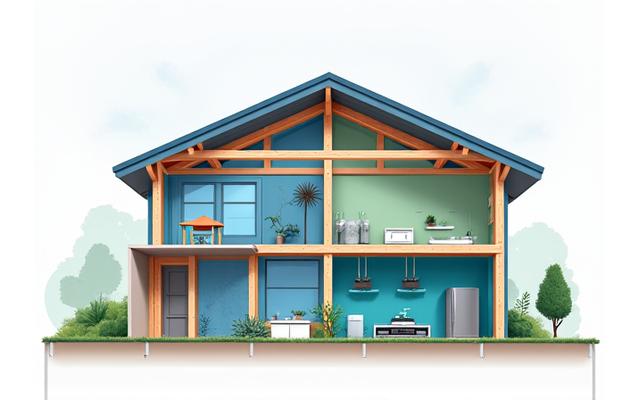Detailed illustration of a cross-section of a house with labels for building structure and fixtures