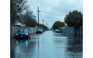 Flooded street in an Australian town with rescue boat