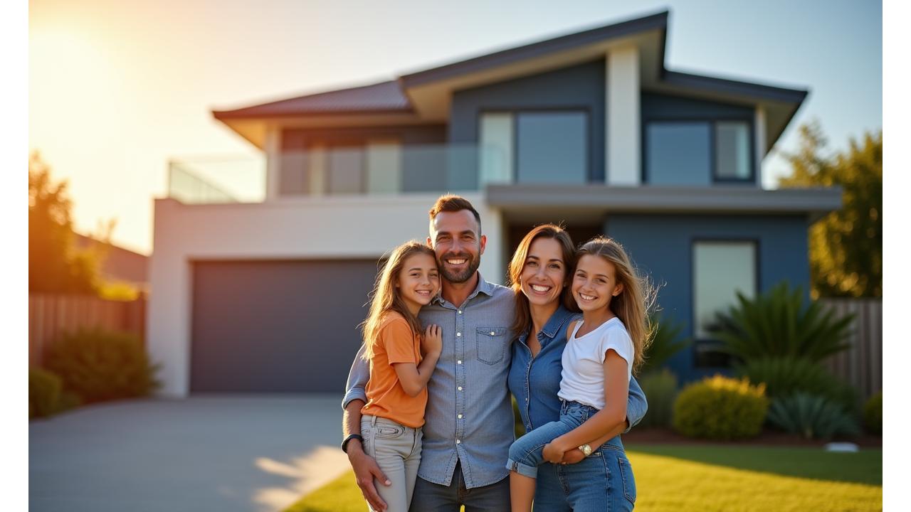 Happy Australian family standing in front of their modern, protected home