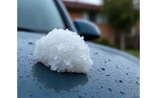 Devastating hailstones on a car, demonstrating storm damage