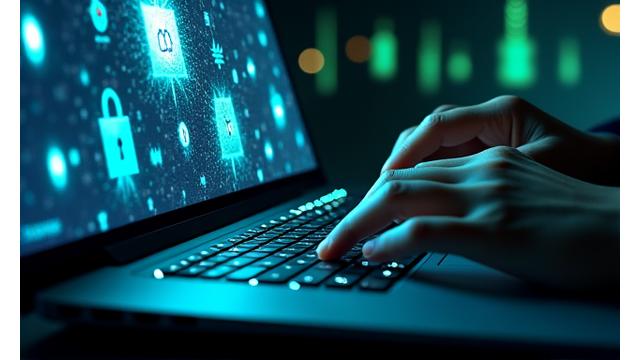 Person typing on a laptop with digital threat icons overlayed