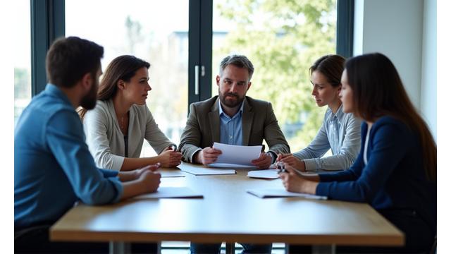 Small business owner reviewing documents with a team, symbolizing business guidance