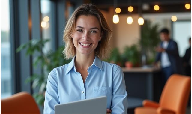 Small business owner smiling with laptop in a modern office, representing success