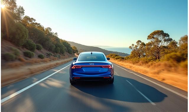 Modern blue car driving safely on an Australian highway
