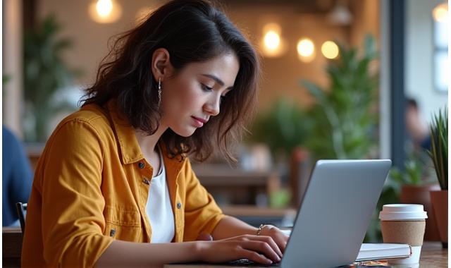 Creative freelancer working on a laptop at a cafe, depicting flexible independent work