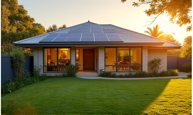 Modern Australian family home with solar panels in a suburban setting