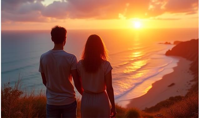 Couple enjoying a sunset view on an Australian beach, symbolizing travel