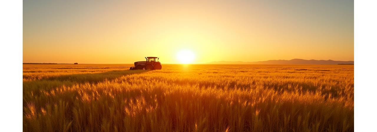 Vast Australian agricultural field at sunset with farm equipment