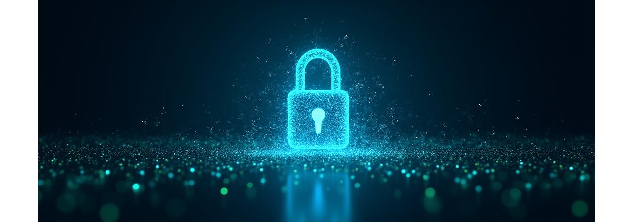 Digital lock icon over a complex network of data, symbolizing cyber security