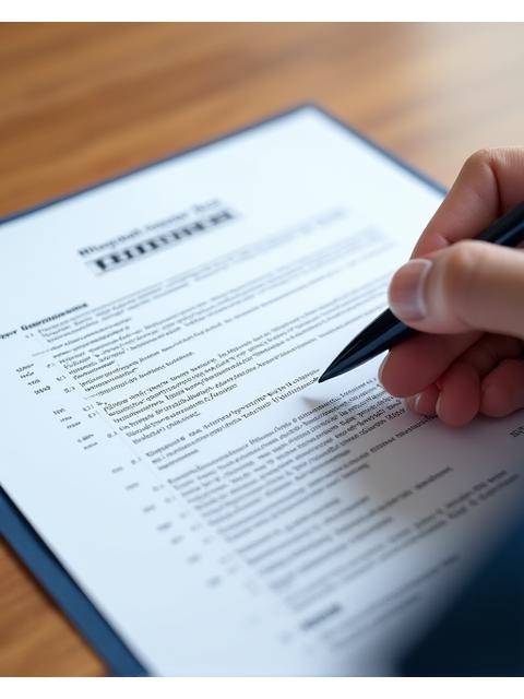 A hand holding a pen over a contract, implying agreement and clarity.