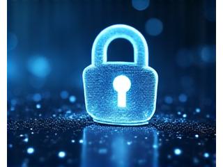 Digital lock icon over a shimmering blue background, symbolizing data protection.