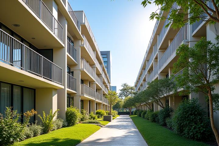 Modern multi-story apartment building in Australia with green common areas, representing strata insurance coverage.