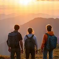 Group of hikers on a mountain trail overlooking a vast landscape, representing trekking adventures