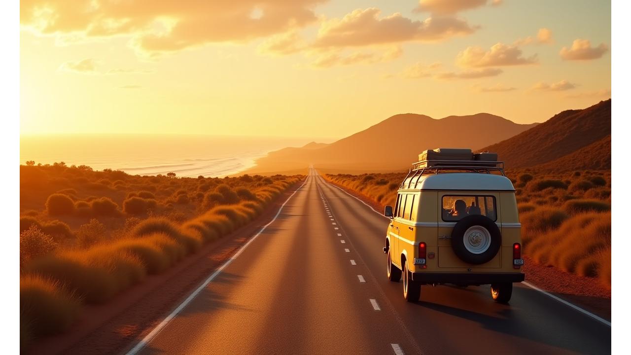 Sunset view of a campervan driving along a scenic Australian coast road, highlighting domestic travel and beautiful landscapes.