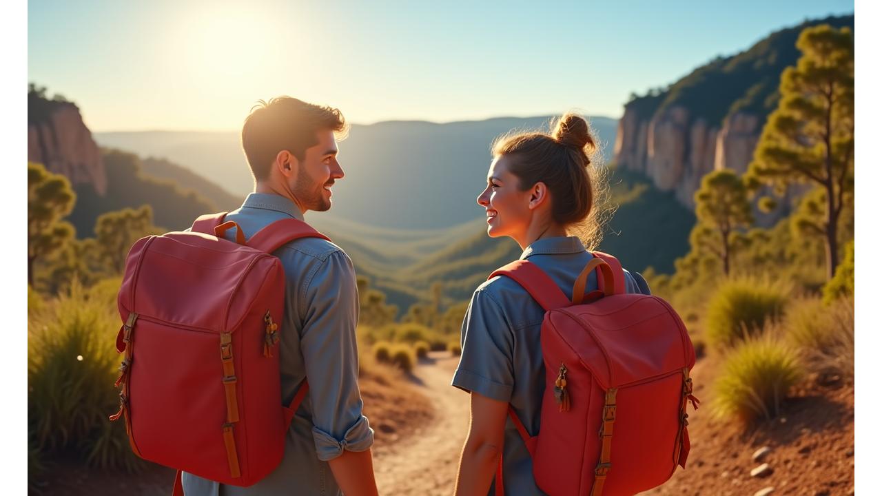 Young Australian couple hiking through a scenic national park, embodying freedom and adventure with vibrant backpacks. Climate is sunny and bright.
