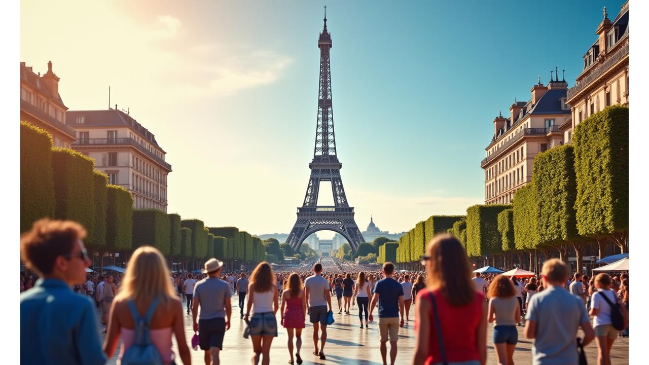 Famous European landmark, like the Eiffel Tower or Colosseum, with tourists enjoying their trip, symbolizing international travel.